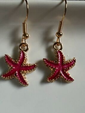 Pink Starfish Drop Earrings - Gold Trim